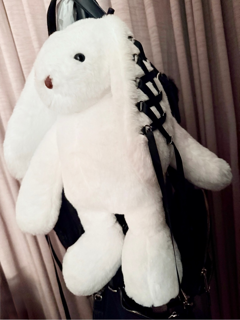 White Bunny Plush Backpack with Black Ribbon Details - Picture 5 of 5